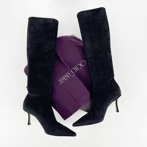 Vintage Jimmy Choo Black Stevie Kid Suede Knee High Pointed Toe Sock Boot IT 39